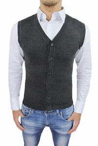HERREN ÄRMELLOSE WESTE TAILLIERT DUNKELGRAU CASUAL STRICK CARDIGAN MIT KNÖPFEN  - Bild 1 von 3