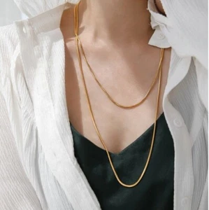 Woman 18K Gold Plated Stainless Steel 2 Layers Long Snake Chain Necklace - Picture 1 of 3