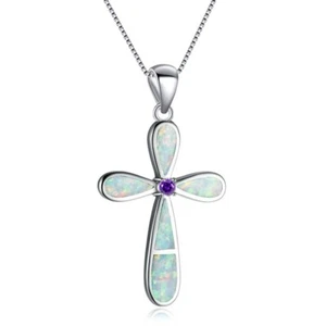 Hawaii White Fire Opal Cross Necklace pendants Silver Filled For Women Girls - Picture 1 of 9