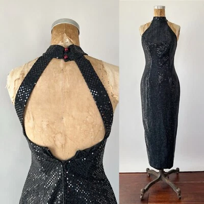 Vintage 90s Black Sequined High Neck Dress Sleeveless Open Back Maxi Sheath XXS - Image 1 of 4