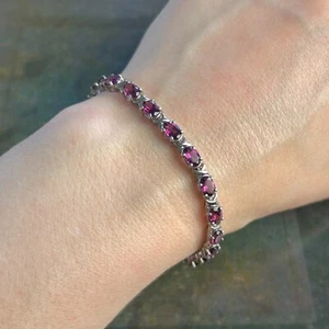TGGC STERLING SILVER 925 Pink Tourmaline Gem Stone Link Tennis Bracelet 19.9cm - Picture 1 of 15