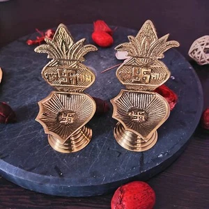Handmade Indian Puja Brass Oil Lamp -mangal kalash Diya Lamp For Home Set Of 2 - Picture 1 of 4