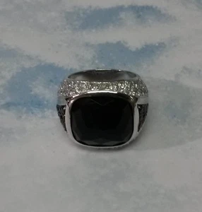 Chevalière Rhodié T54 Onyx et Diamant Cz 12 Gr Argent Massif 925 Dolly-Bijoux - Picture 1 of 11