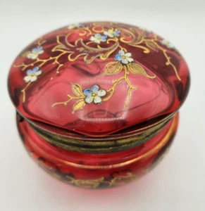 Bohemian Moser Cranberry Glass Vanity Jar Enameled Dresser Trinket Box - Cracked - Picture 1 of 7
