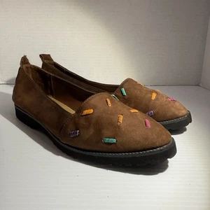 Scarpe donna vintage EFFETTI ARTISTICI taglia 7,5M pelle marrone slip-on ricamate - Foto 1 di 9