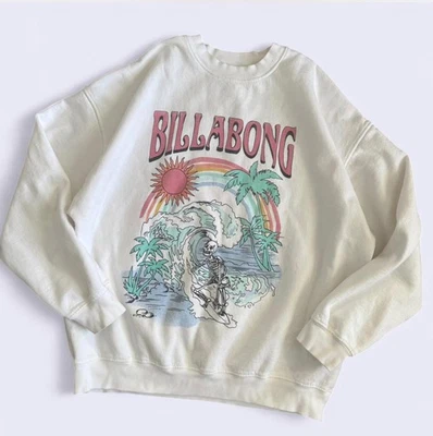 Billabong White Sweatshirt Unisex M L Oversized Skeleton Surf Graphic Vintage — 第 1/4 张图片