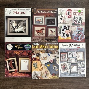 Lot of 6 Cross Stitch & Plastic Canvas Pattern Books Horses Wolves Cows Eagles - Picture 1 of 13