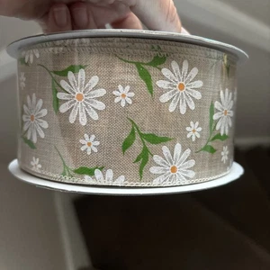 New FULL ROLL 45m Ribbon Hessian Daisy design Craft Gift Wrap Bow Tree Wreath - Picture 1 of 5