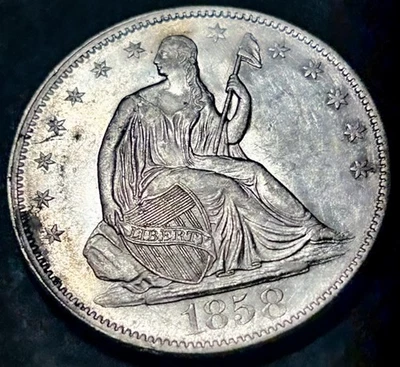1858 Seated Liberty Silver Half Dollar 50c Rare WB-15 R4 High Grade UNC Original - Image 1 of 4