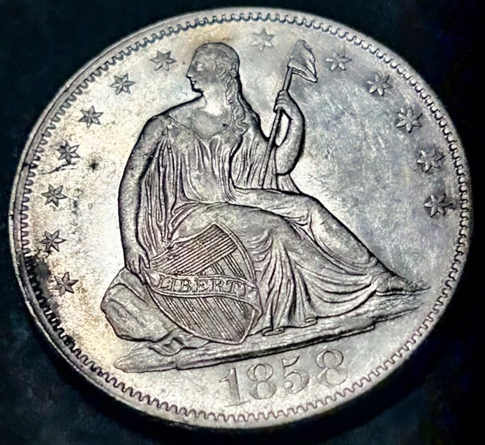 1858 Seated Liberty Silver Half Dollar 50c Rare WB-15 R4 High Grade UNC Original - Image 1 of 4