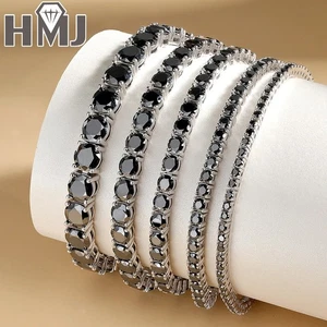 Brazalete de cadena de tenis moissanita negra de plata de ley S925 brillante de 2 mm-6,5 mm - Imagen 1 de 18