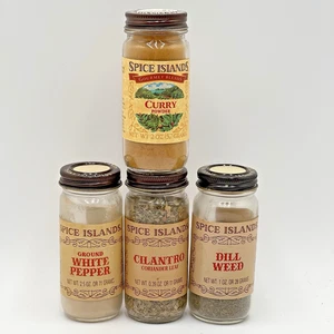 4 Vintage Gewürzinseln Gläser braune Deckel Koriander Dill Unkraut Curry Pulver weißer Pfeffer - Bild 1 von 11
