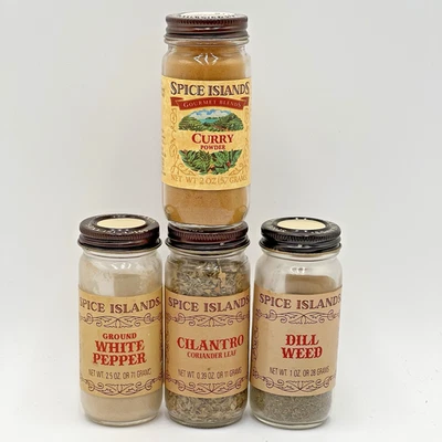 4 Vtg Spice Islands Jars Brown Lids Cilantro Dill Weed Curry Powder White Pepper - Image 1 of 4