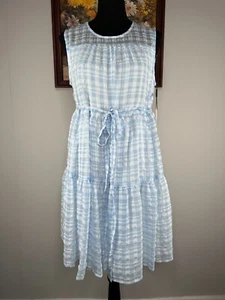 Calvin Klein Shift Dress Women's 6 Round Neck Light Blue Gingham Sheer NWT - Picture 1 of 12