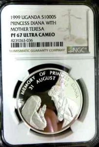 NGC PF68 Uganda 1999 Diana With Mother Teresa 1oz 999 Silver 1000 shillings proo - Picture 1 of 3
