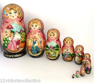 CINDERELLA 10 piece set Russian HandCarved HandPainted Nesting Doll FAIRY TALES - Picture 1 of 8