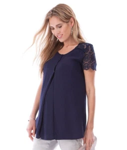 NWT! Seraphine Maternity Patricia Navy Blue Nursing Crochet Detail Blouse Size 6 - Picture 1 of 9