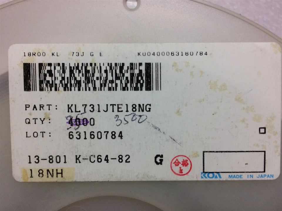KL731JTE18NG KOA INDUCTOR 0603 18NH 5% 100 PCS - Image 1 of 1