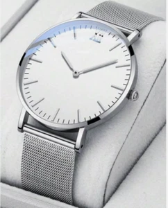 Men's Ultra Thin Silver Quartz Watch | White Dial Mesh Strap | Business Style UK - Picture 1 of 3