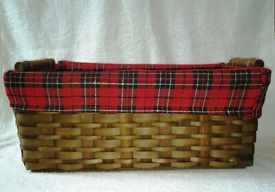 Split Reed Wicker Oblong Basket with Red Plaid Fabric Lining10 1/2" x 16 3/4" - Image 1 of 4