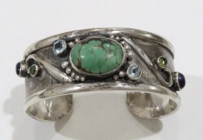 Artisan turquoise & gemstone amethyst,peridot, blue topaz sterling cuff bracelet - Image 1 of 4