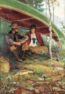 Couple Fishing Under Canoe in Rain by Phillip R Goodwin - Picture 1 of 1