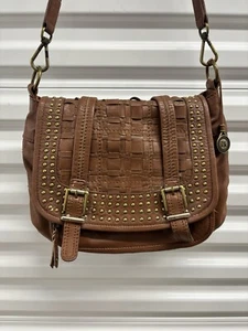 The SAK Brown Leather Studded Woven Hand Shoulder Bag Purse Hobo Satchel Buckle - Picture 1 of 24