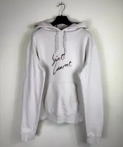 Saint Laurent Signature Logo Distressed Men White Sweatshirt Hoodie - Picture 1 of 8