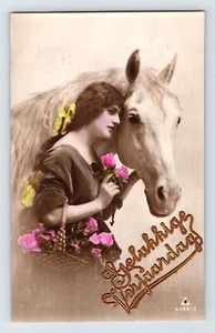 Postcard RPPC Beautiful Woman Horse Hand Tinted Dutch Happy Birthday 1920s - Picture 1 of 2