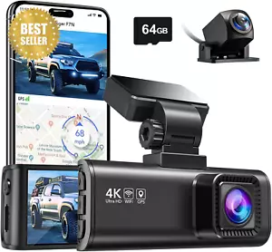 F7N 4K Dual Dash Cam with 64GB Card, Built-In Wifi GPS Front 4K/2.5K and Rear 10 - Picture 1 of 12