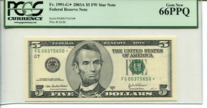 Fr 1991-G* STAR 2003A $5 Federal Reserve 66 PPQ GEM NEW 1 OF 5 - Picture 1 of 2
