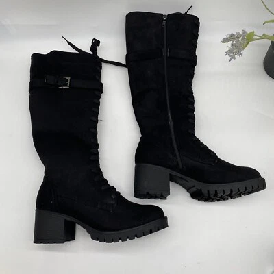 Olivia Miller Black Faux Leather Side Zipper Lug Sole Lace Up Knee High Boots 7 - Image 1 of 4