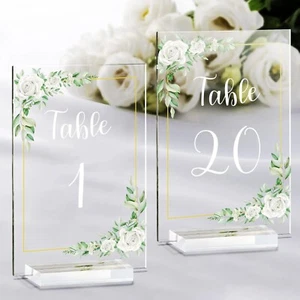 White Rose Acrylic Wedding Table Numbers 1-20 - 4x6" Printed Calligraphy Holders - Picture 1 of 7