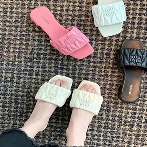 Luxury Open Toe Fashion Solid Color Square Toe Slides Square Heel Casual Sandals - Picture 1 of 6
