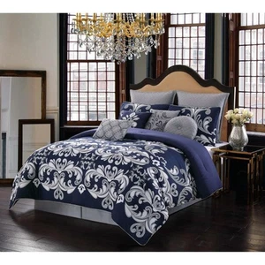 Dolce 10-Piece Silver and Navy King Comforter Set - Picture 1 of 4