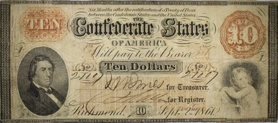 1861 $10 Confederate States Of America Currency Low Grade Circulated P183 - Image 1 of 2