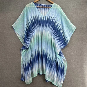 BLUE STAR Swimsuit Cover-Up Kaftan Top Women's One Size Blue Green White - Picture 1 of 7