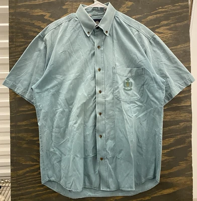 Vintage 90s Bugle Boy Mens L Button Down Shirt Blue Crest Logo Made in Hong Kong - Image 1 of 4