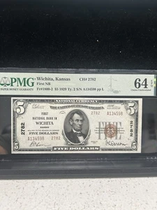 SASA 1929 $5 Wichita Kansas First National Bank FRBN Pmg Uncirculated 64 Epq - Picture 1 of 2