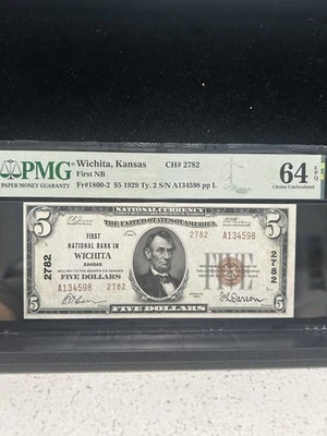 SASA 1929 $5 Wichita Kansas First National Bank FRBN Pmg Uncirculated 64 Epq - Image 1 of 2