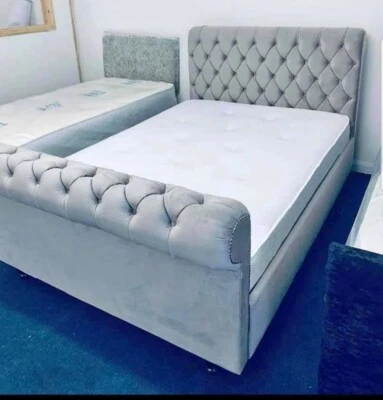 NEW STYLISH PLUSH Velvet Fabric Chesterfield Sleigh bed frame all sizes  - Image 1 of 4
