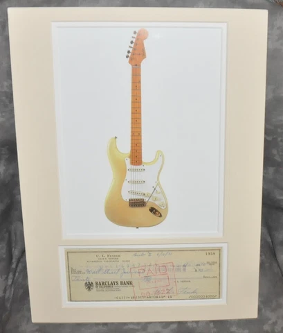 Leo Fender Signed 1970 Check w/ Photo of Mary Kaye's Stratocaster Matted 12"x16" Cover