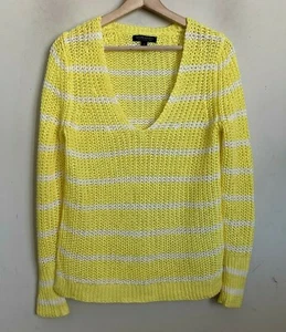 Banana Republic Pullover gelb elfenbein Streifen V-Ausschnitt lockerer Strick italienisches Leinen Gr. S - Bild 1 von 7