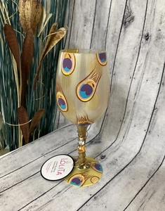 LOLITA GOLDEN PEACOCK WINE GLASS~ HAND PAINTED! GORGEOUS! WITH GIFT BOX 15oz - Picture 1 of 4