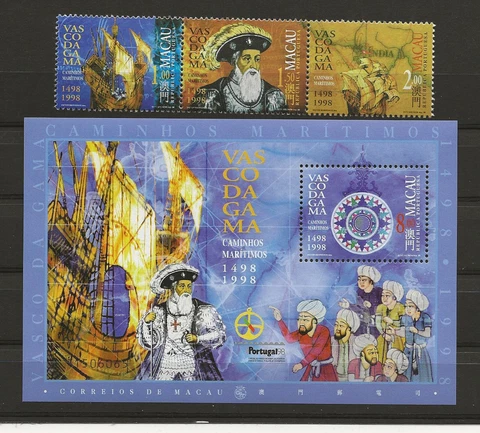 Macao 1998 Vasco da Gama set of 3 and miniature sheet sg.1044-7 MNH Cover