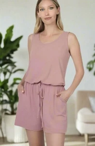 NEW Women L Solid Pink Pocket Shorts Romper, Jumpsuit Playsuit - Picture 1 of 4