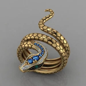 0.45 CT Round Blue Diamond Snake Engagement Ring 14K Yellow Gold Finish Size M-T - Picture 1 of 7