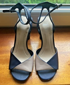 Fab M&S Women's Size 3 EU35 Navy & Nude Leather Open Toe Strappy High Heel Shoes - Picture 1 of 6