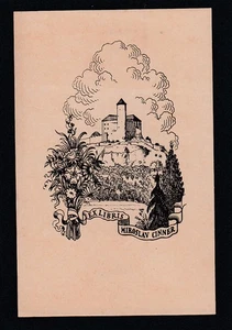 Ex Libris Miroslav Cinner, castillo y flores, arte gráfico checo vintage - Bild 1 von 1