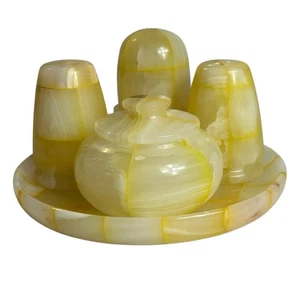 Vintage Alabaster Onyx Salz Pfeffer Zuckerdose Zahnstocher Halter Tablett gelb 5 Stück - Bild 1 von 18